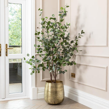 Artificial Eucalyptus Tree UV/IFV In Gold Metal Planter