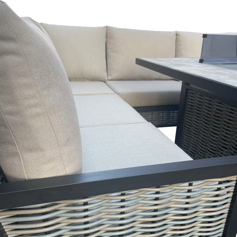 Bowden Aluminium & Rattan Corner Beige Dining Set with Fire Pit